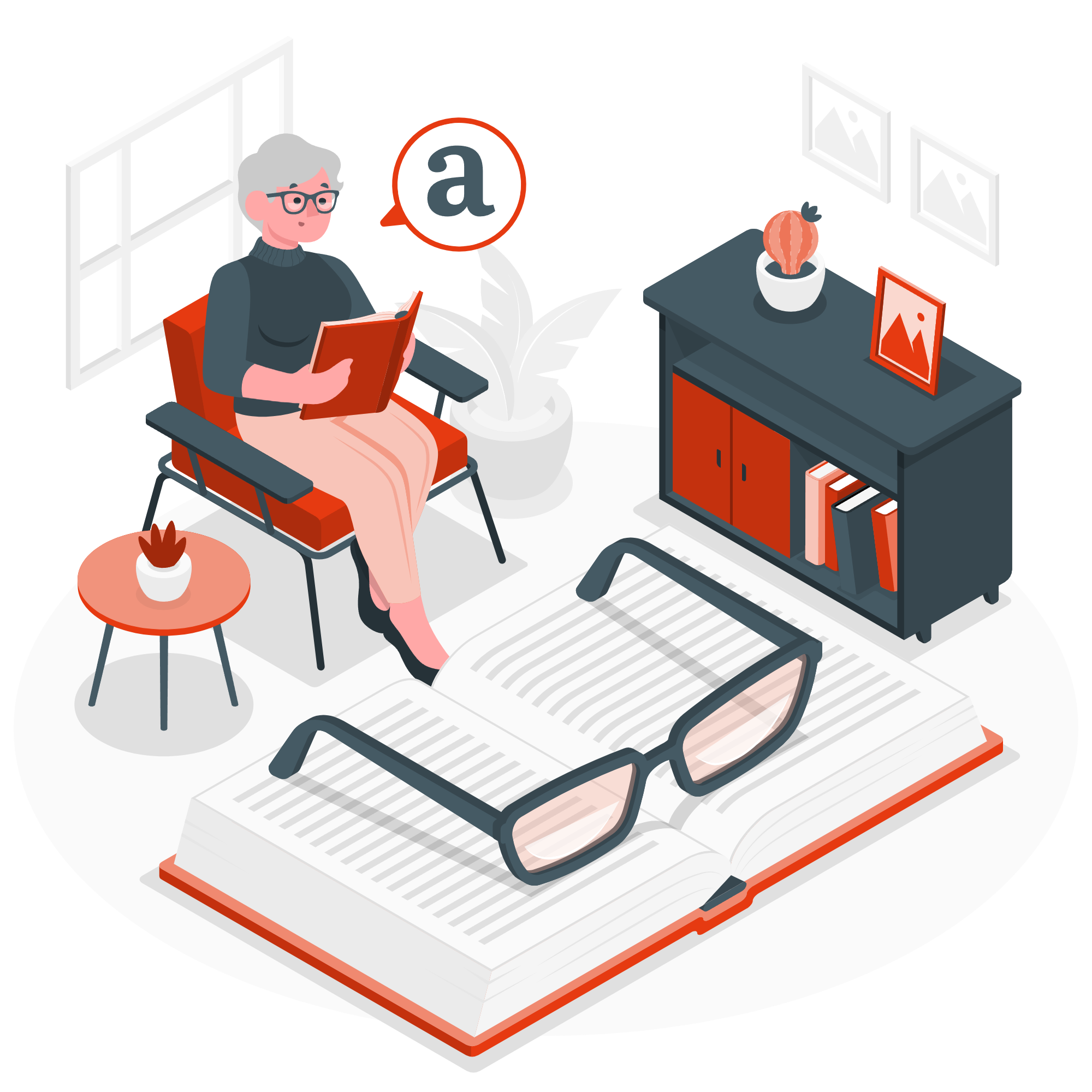 flat-style illustration of elderly woman reading and glasses on a book